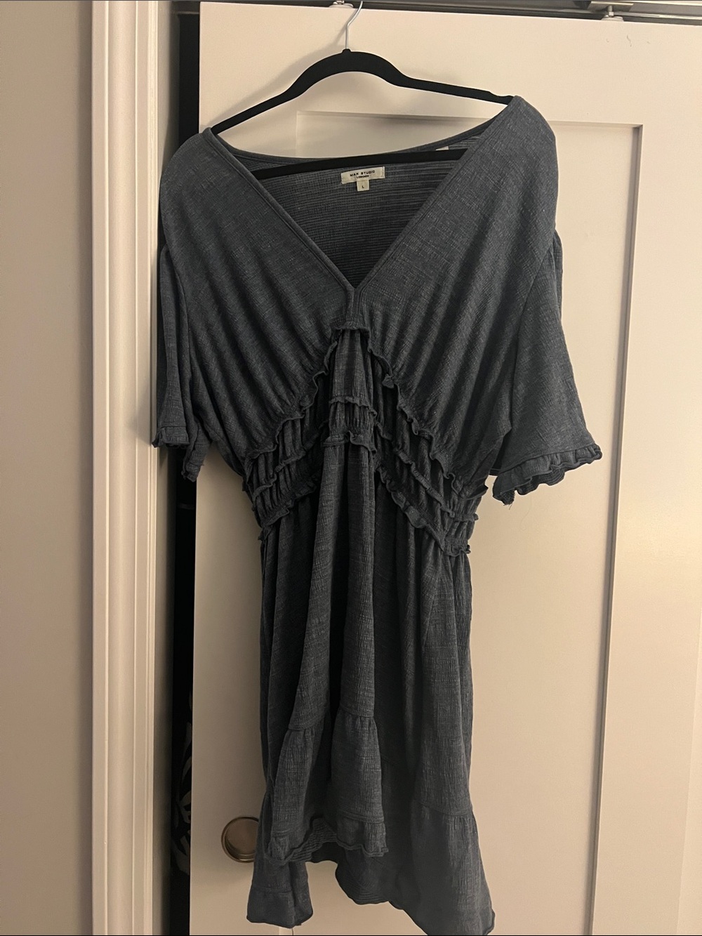 Max Studio Slate Blue Ruffle V-Neck Tunic Dress
